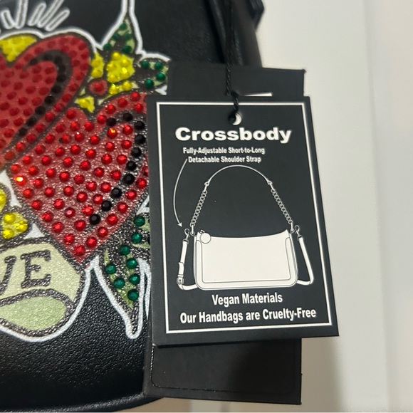 Ed Hardy NWT Black Crossbody Bag with Red and Green Heart Design - Picture 4 of 7